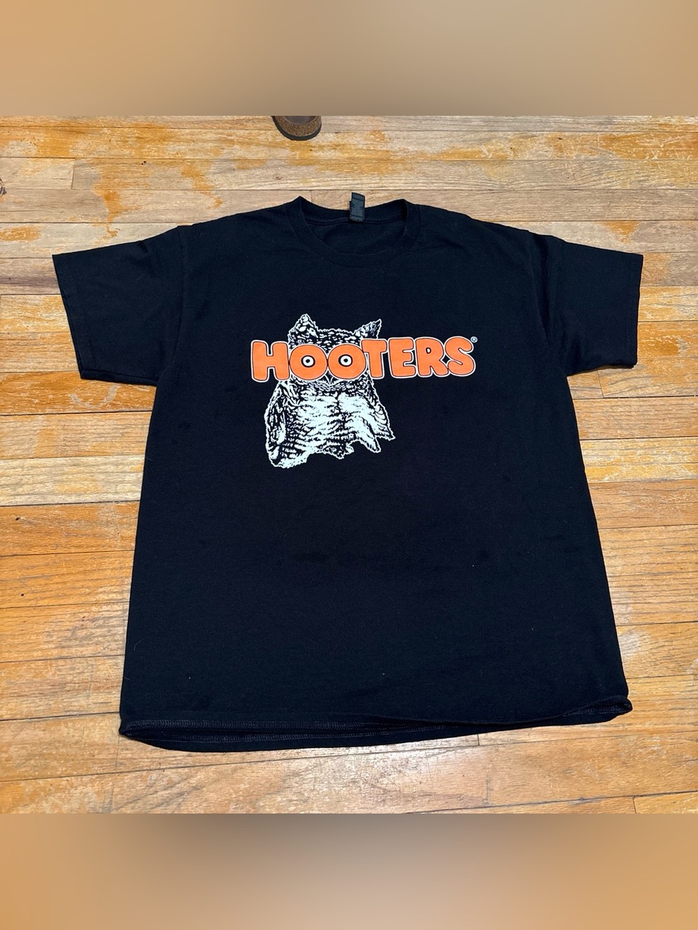 Hooters Black Tee with Orange Logo and White Owl Graphic